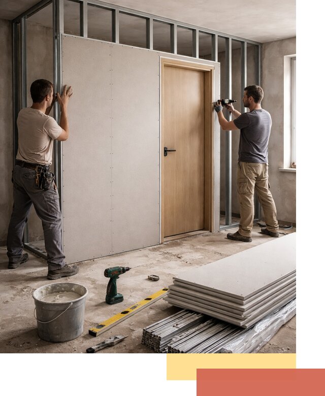 Перегородка из гипсокартона с дверью под ключ в Георгиевске