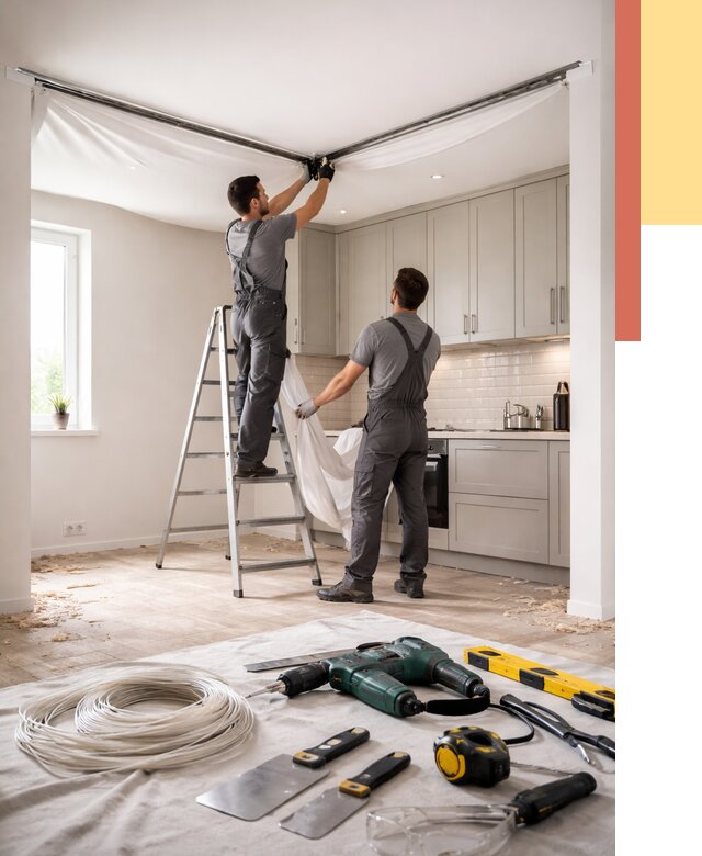 Установка натяжного потолка на кухне в Георгиевске от 2474 руб. | ОТДЕЛОЧНИК-Грг